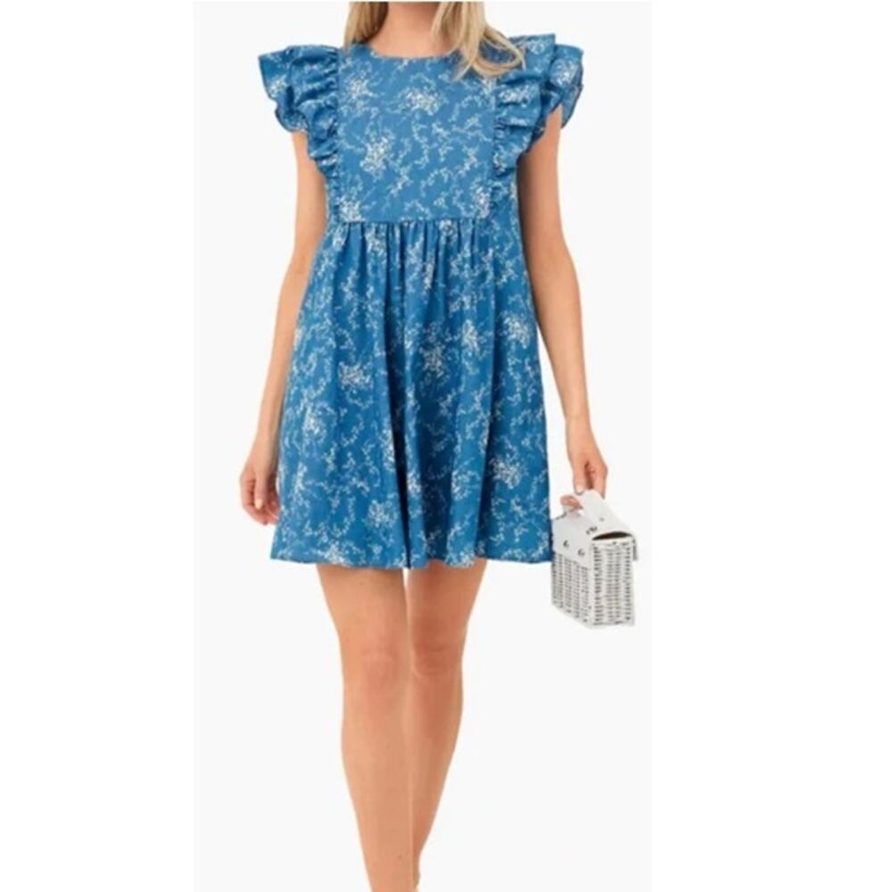 Hyacinth House Tuckernuck Floral Gabi Chambray Ruffle Mini Dress Womens XS Blue